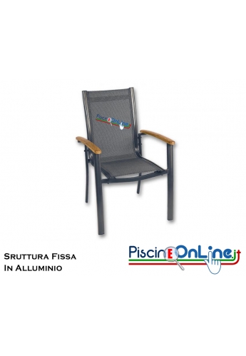 SEDIA IN ALLUMINIO CON BRACCIOLI IN LEGNO TEAK E SEDUTA FISSA